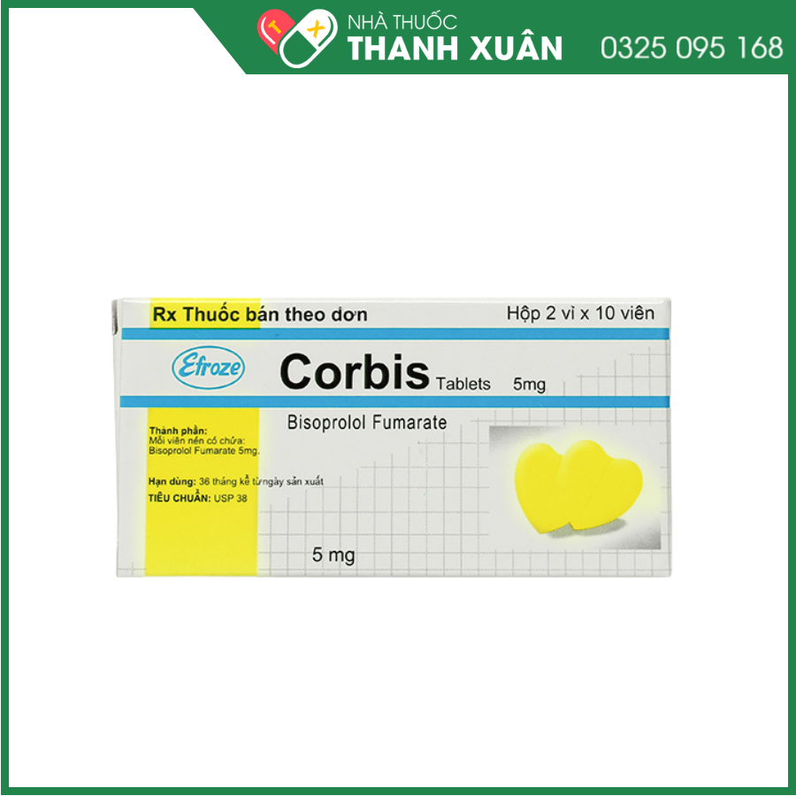 Corbis Tablets 5mg trị tăng huyết áp, đau thắt ngực (2 vỉ x 10 viên)